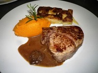 Filet de veau, morillons, purée de patates douces