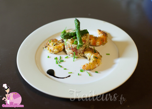 Gambas panées aux pistaches et risotto aux asperges