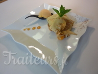 Aumônière de crêpes aux agrumes, sorbet au fruit de saison