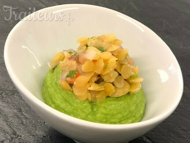 verrine crémeux de petits pois & lentilles corail