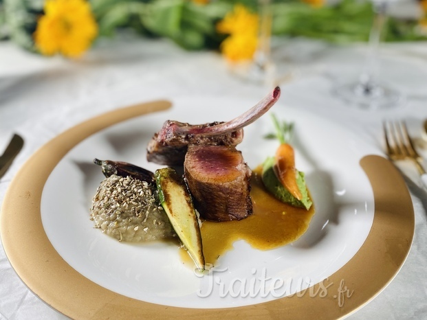 Agneau de pré salé, selle et côtelette, baba ganoush, minis légumes de saison