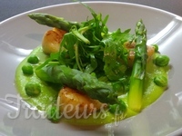 Purée de petits pois, Saint-Jacques poêlées, roquette et asperges croquantes